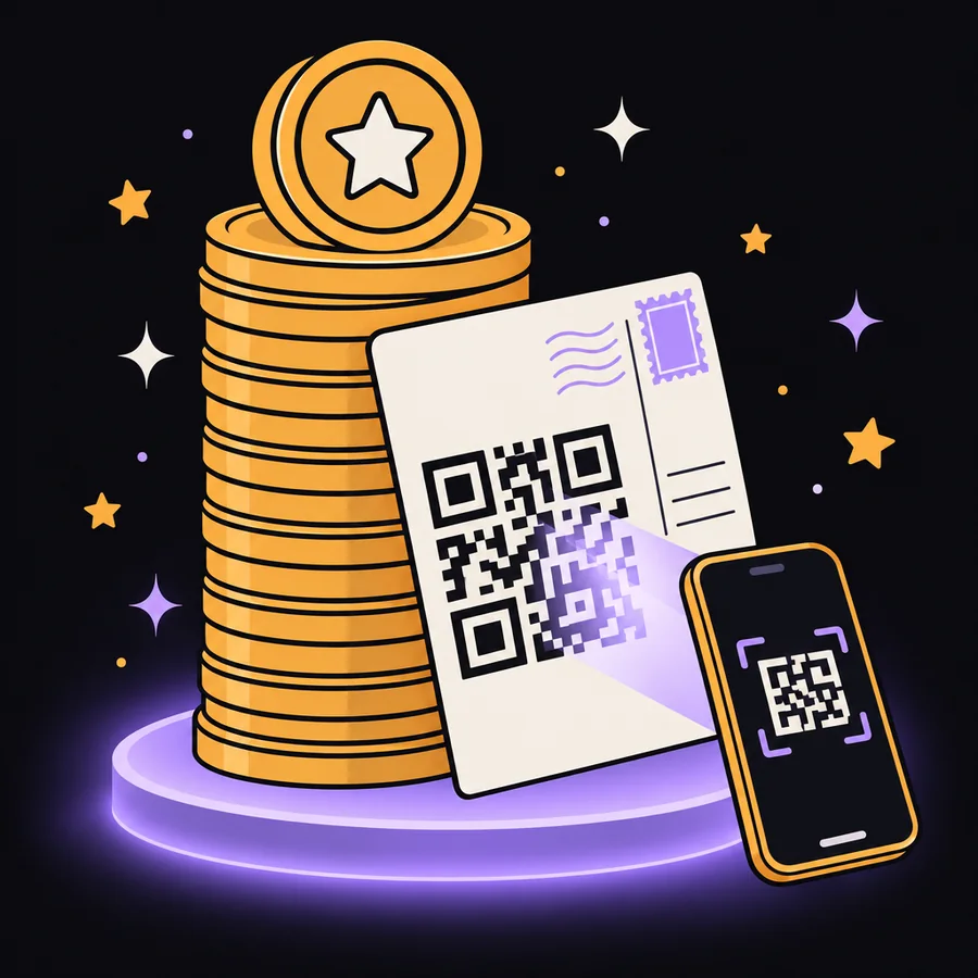 Monete con la stella, la cartolina con il QR e il telefono che la inquadra